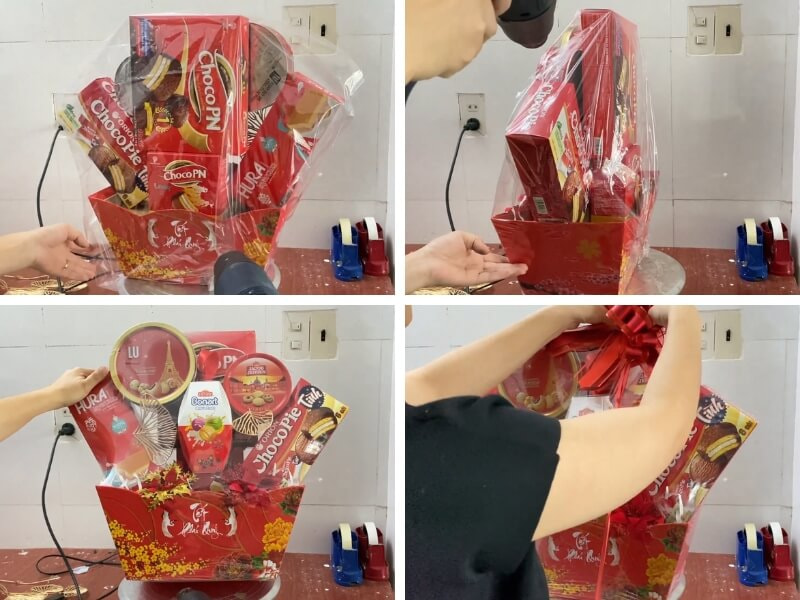 bọc màng co và trang trí giỏ quà Tết