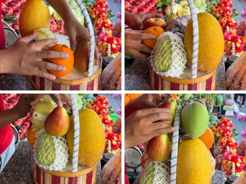 Sắp xếp trái cây trong giỏ quà